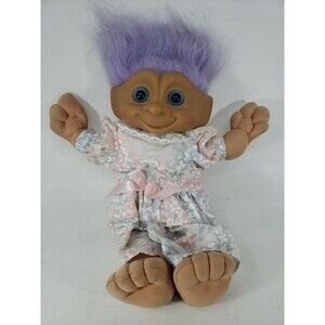 Vtg 1991 Ace Novelty Treasure Troll Doll 12" Purple Hair Blur Star Jewel Belly